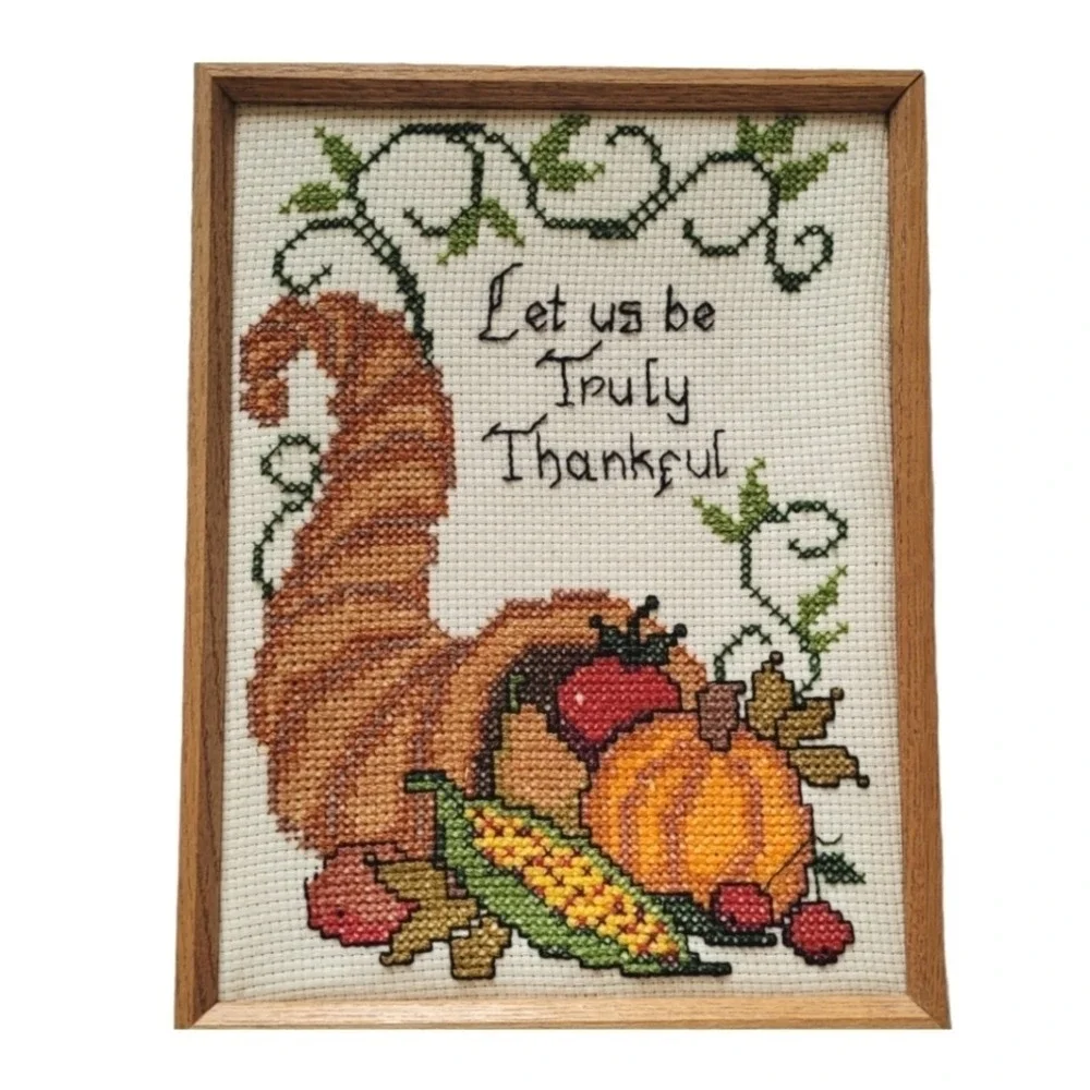 Vintage Framed Cross Stitch Cornucopia Let Us Be Truly Thankful Thanksgiving Art